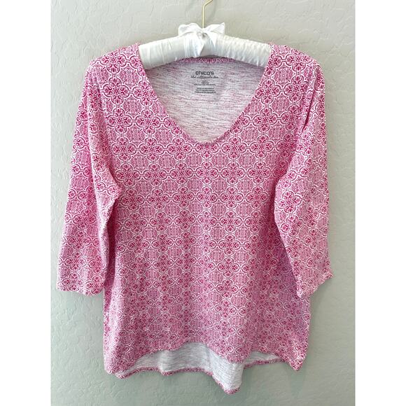 CHICO’S Pink White Print Ultimate Tee 3/4 Sleeve Cotton Modal Top | Size 0 Small - Picture 1 of 6